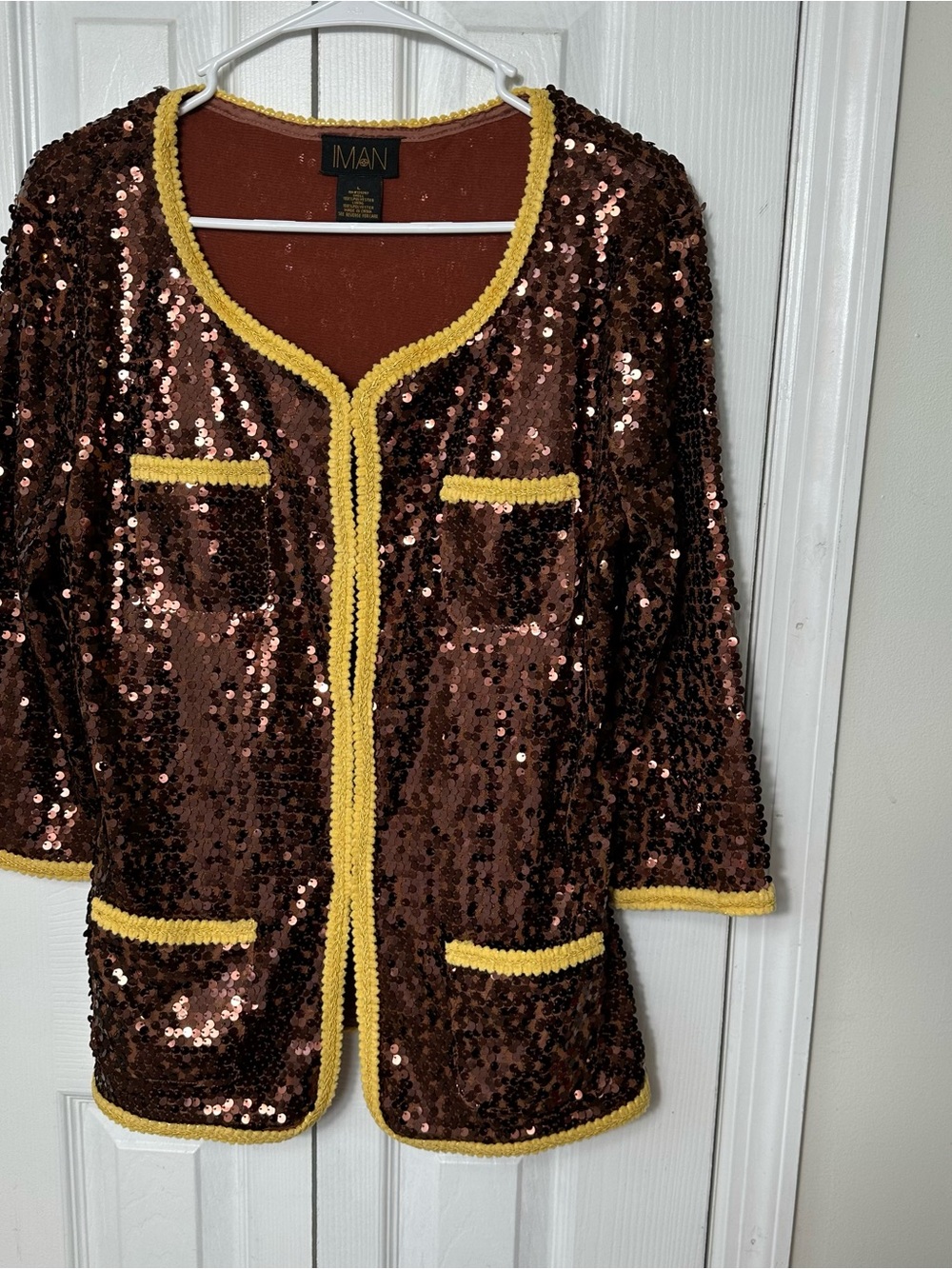 IMAN Brown Sequin Jacket with Yellow Trim